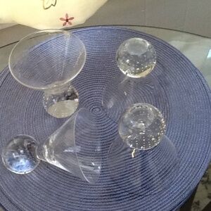 Cocktails anyone? 4 Bubble Martini glasses round ball stem, clear v bowl- used